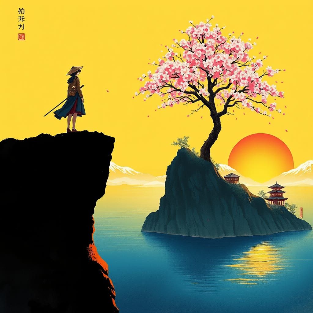 Lone Wanderer on Floating Island at Sunset