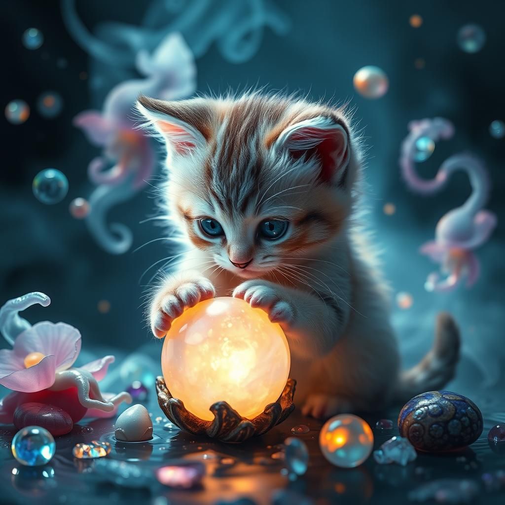 Water Kitten in Bioluminescent Liquid Dreamscape