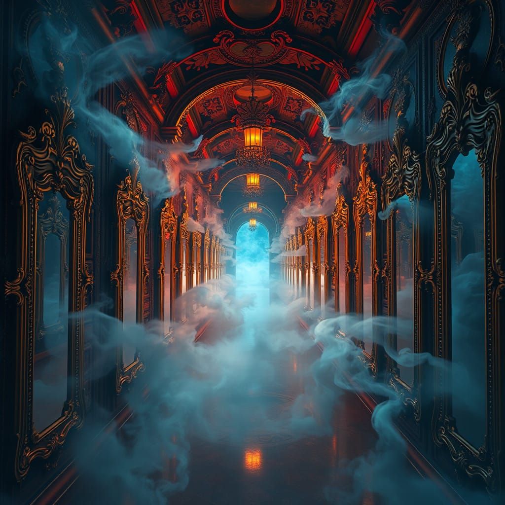 Surrealistic Labyrinth of Antique Mirrors in Dreamlike Atmos...