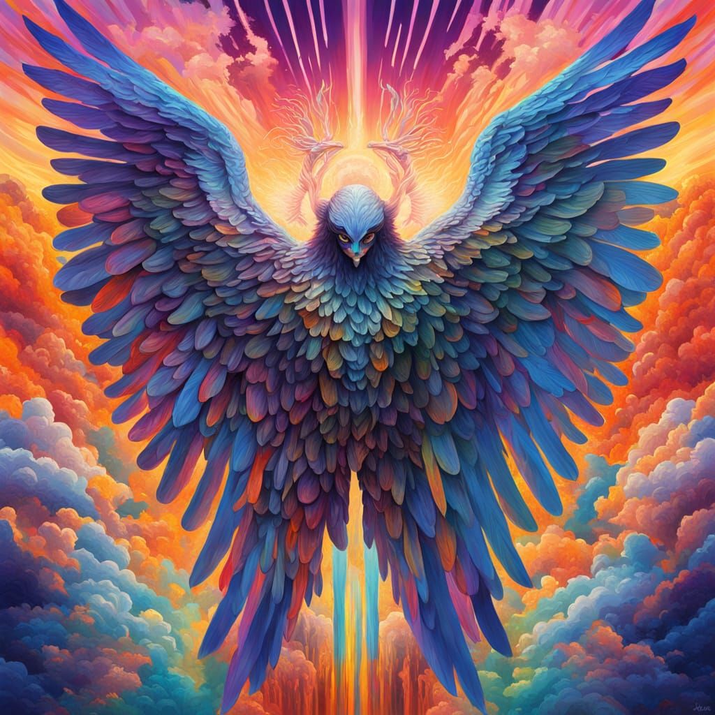 Archangel in Vibrant Surreal Landscape with Symmetrical Wing...