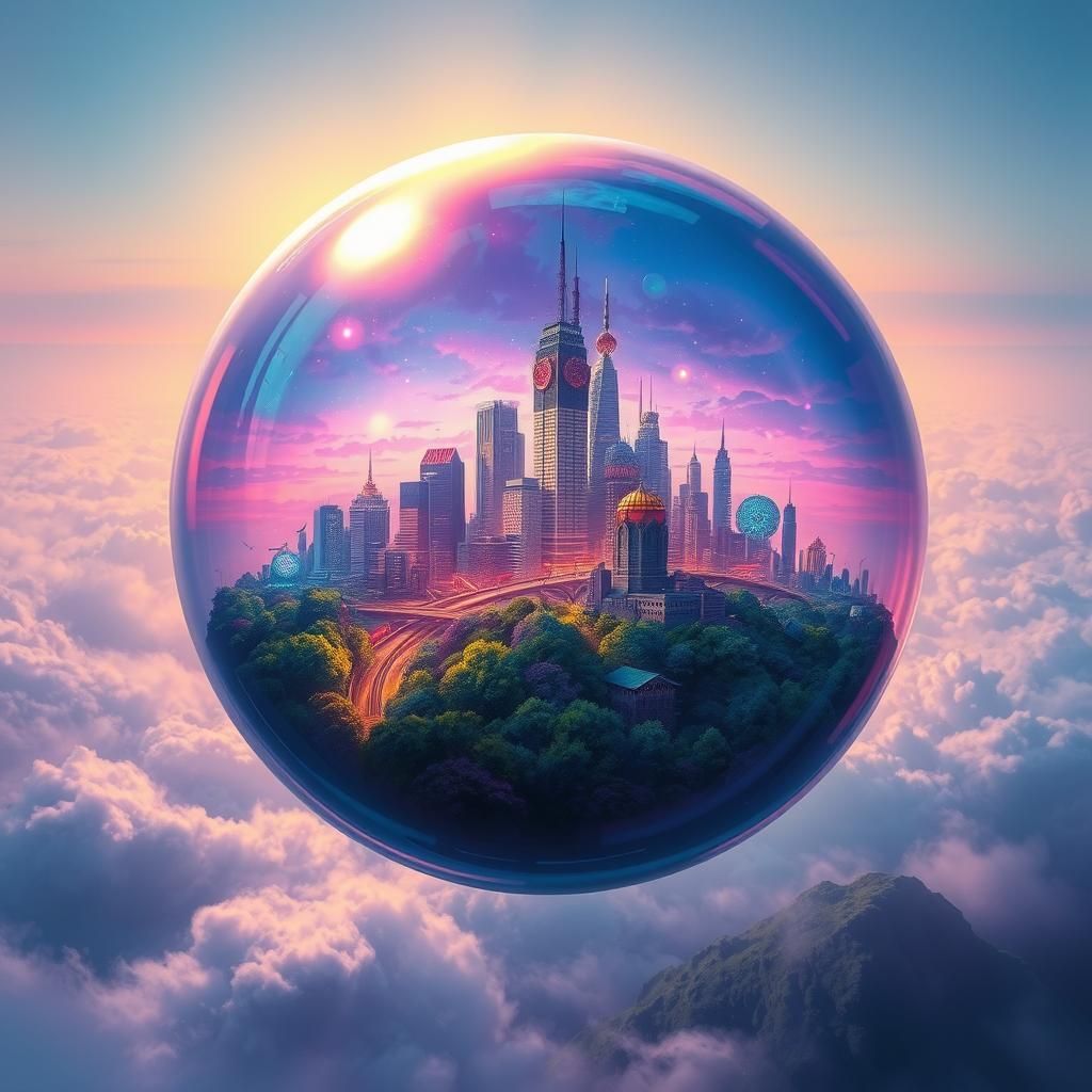 Dreamy Cityscape Inside Iridescent Bubble