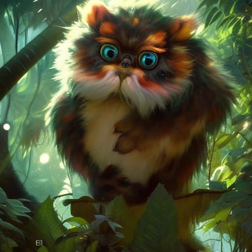 Cute Fuzzy Monster Portrait in Jungle, Detailed Digital Art