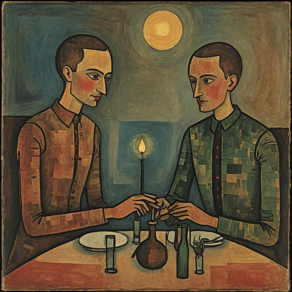 Couple at Dinner, in the Style of Paul Klee