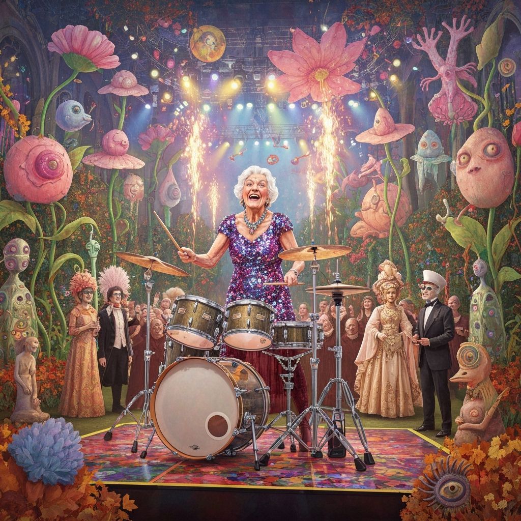 Elderly Woman Shreds Drums in Hyperrealistic Concert Photo