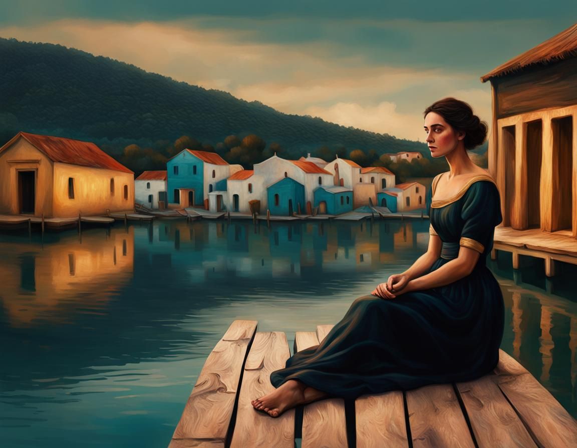 greek heroine sitting on a dock of a wooden lake village, photoillustration panorama Australian tonalism Ben Bocquelet t...