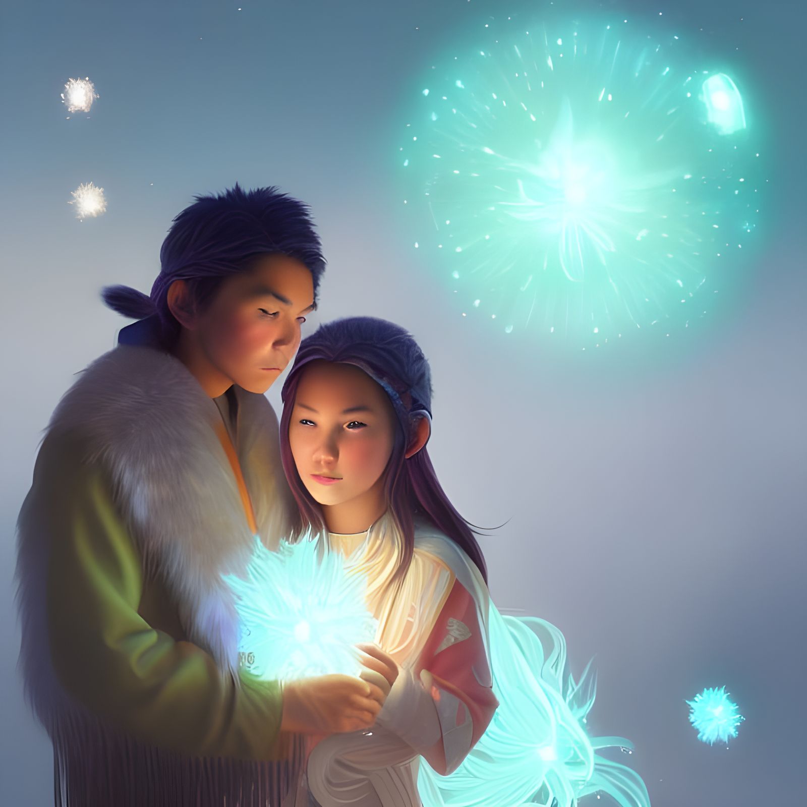 Romantic Inuit Couple in Ethereal Sci-Fi Fantasy