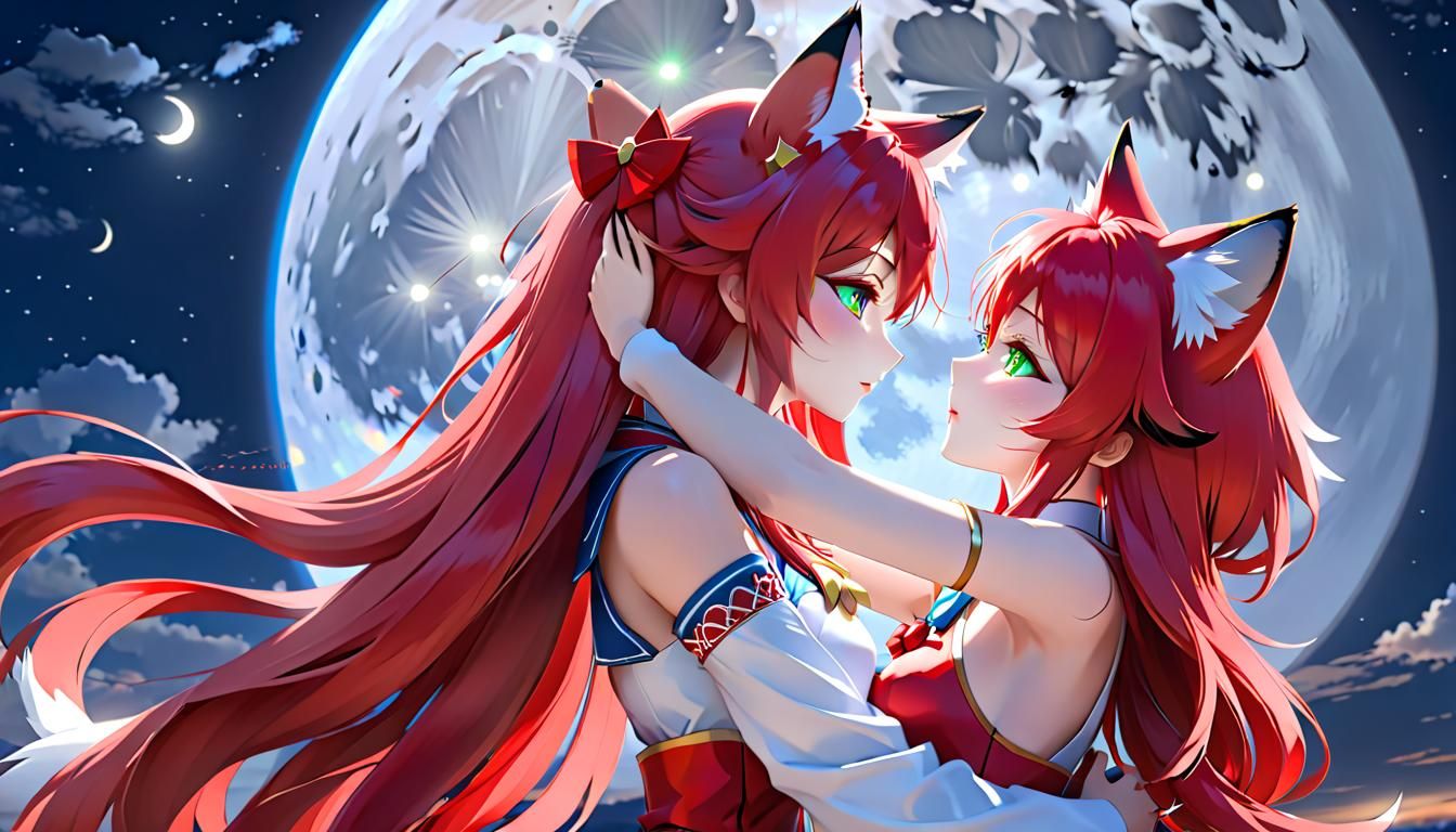 Anime Fox Girl and Cat Girl Kissing Under Moon
