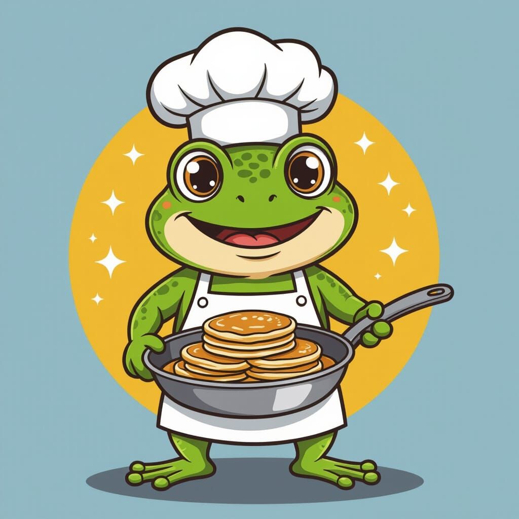 Cartoon Frog Chef Cooking Pancakes in Vector Art Style