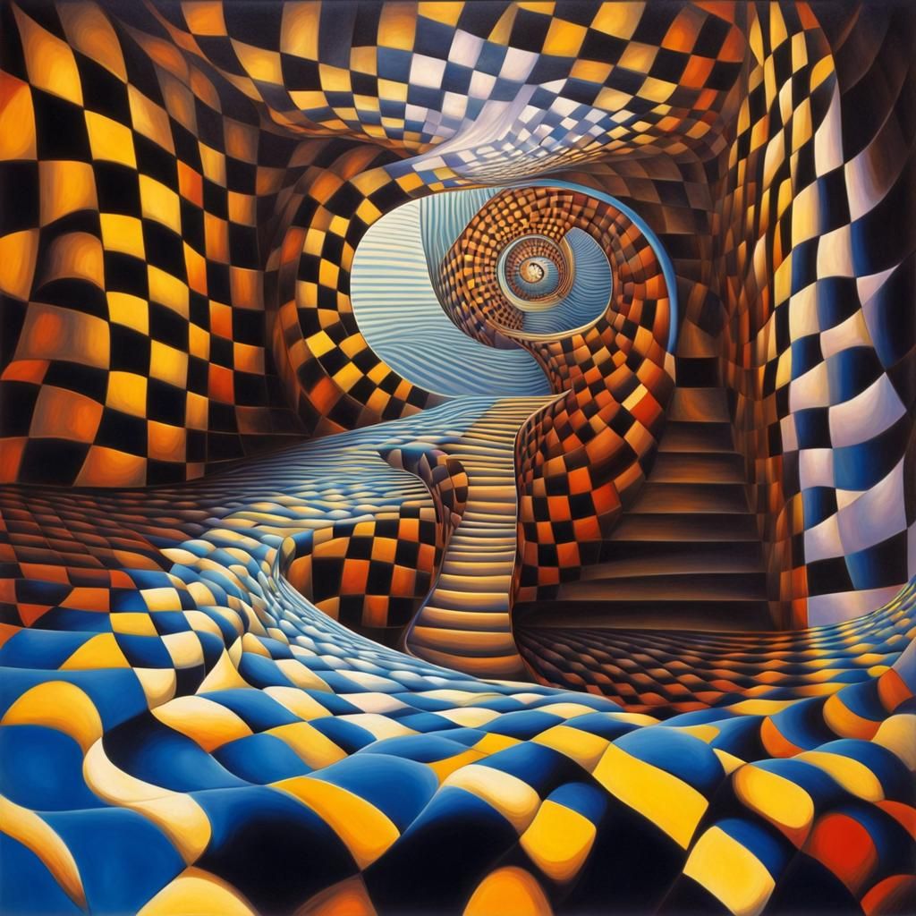 Surreal Clock Optical Illusion with Warped Staircase