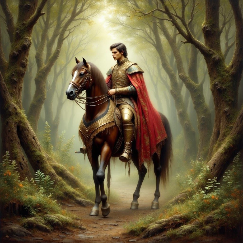 Prince Rides Through Forest in Antique Watercolor Style