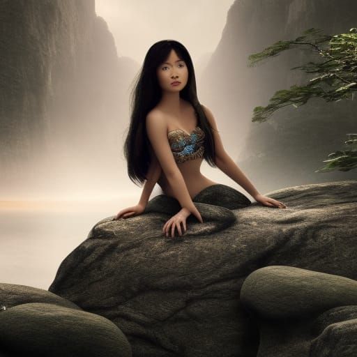 Dramatic Asian Mermaid on Rock Digital Painting