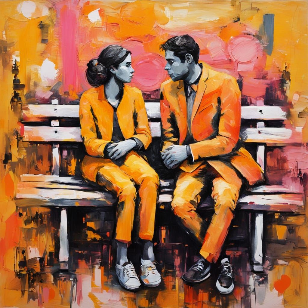 Impasto Painting: Couple in Love on Bench
