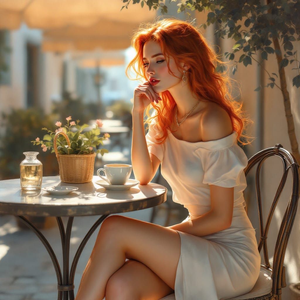 Woman with Copper Hair at Cafe in Impressionist Style