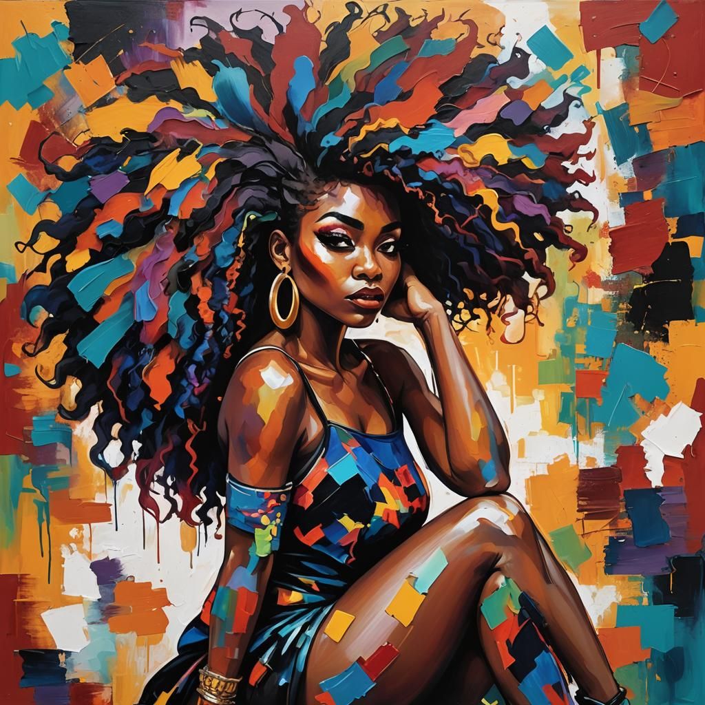 Abstract Painting: Black Woman with Multicolored Hair
