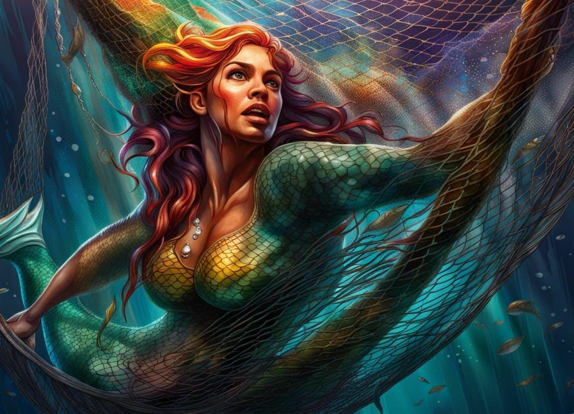 Mermaid in Fishing Net: Hyperrealistic Splash Art