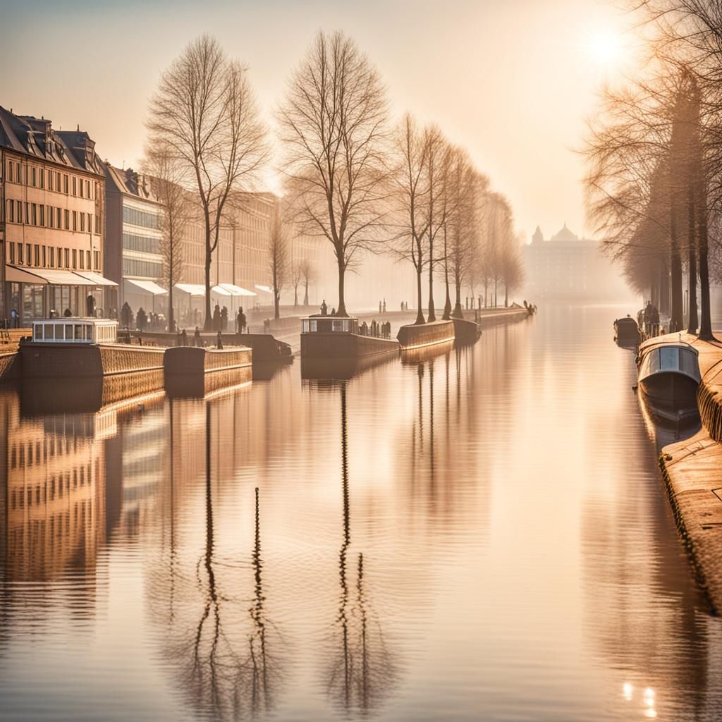 Hamburg Elbe River Shore in Hazy Spring Sunshine
