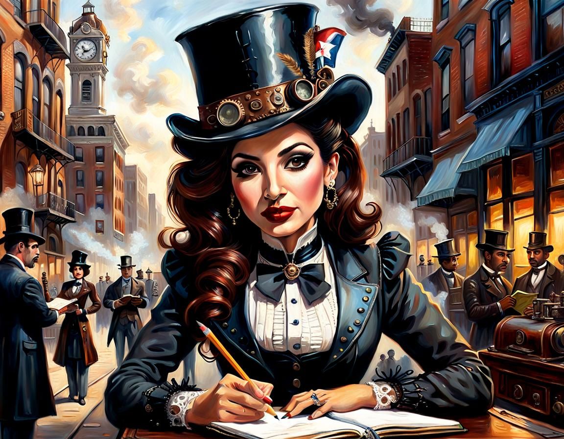 Steampunk Journalist in Chicago, Oil Painting