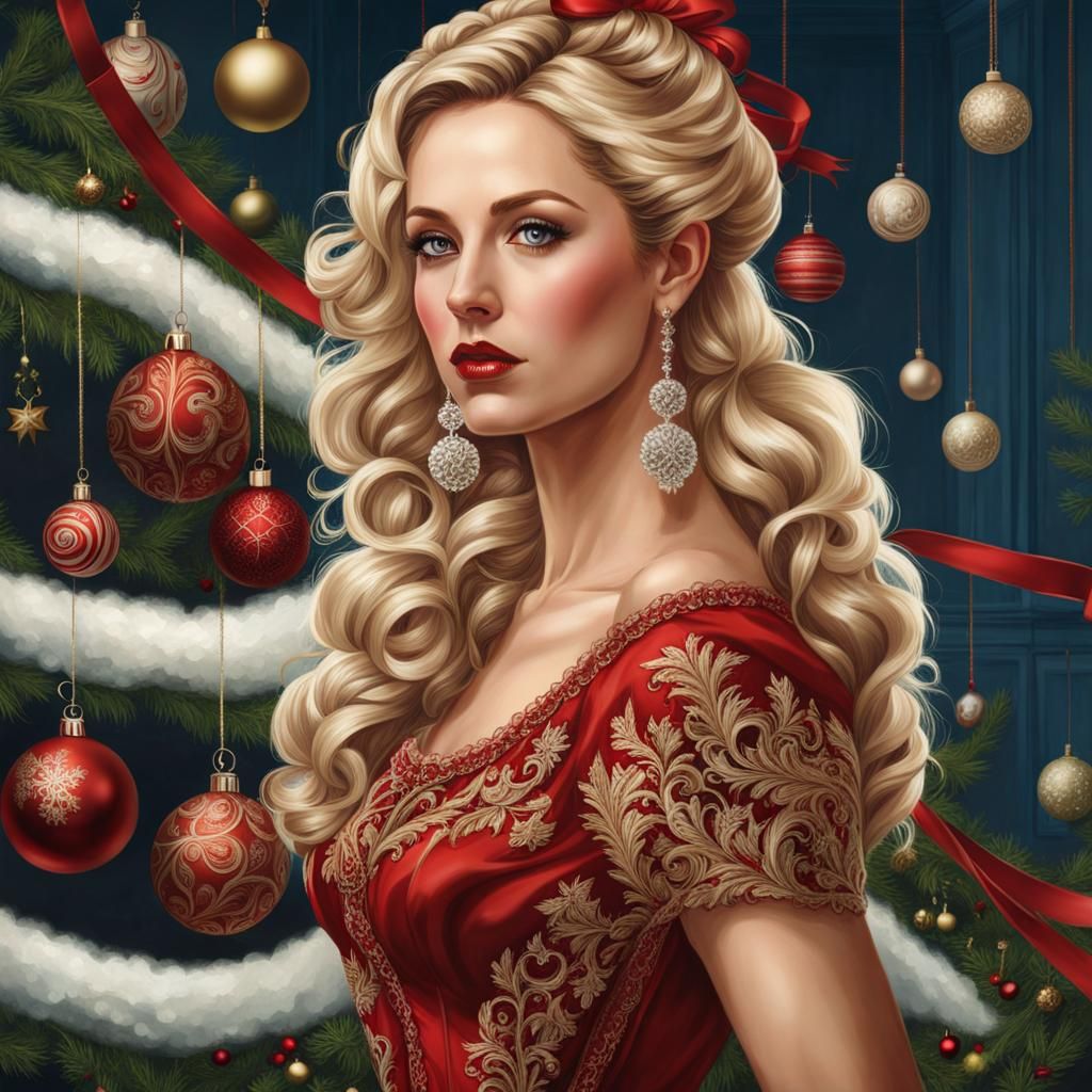Victorian Christmas: Hyperrealistic Blonde Woman in Gown