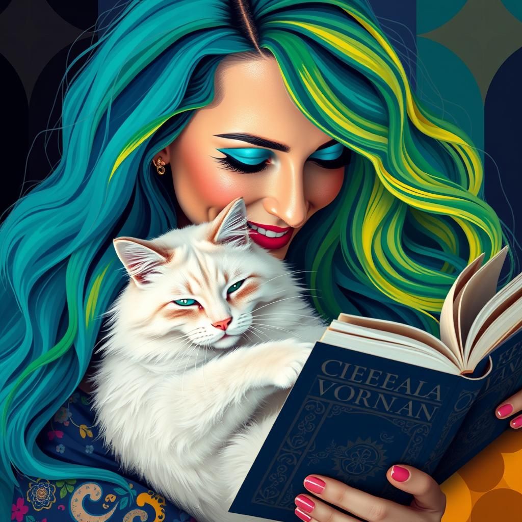 Colorful Woman Reading, Maximalist Art Deco Style
