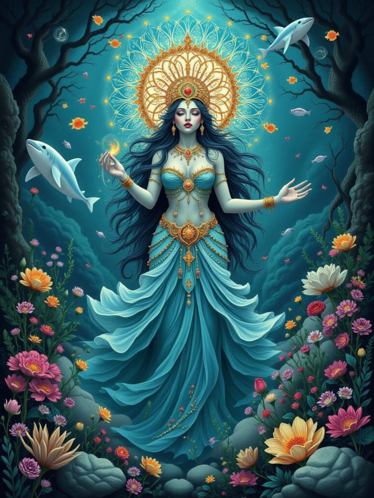 Sea Goddess Crowned with Coral and Pearls in Deep Sea Fantas...