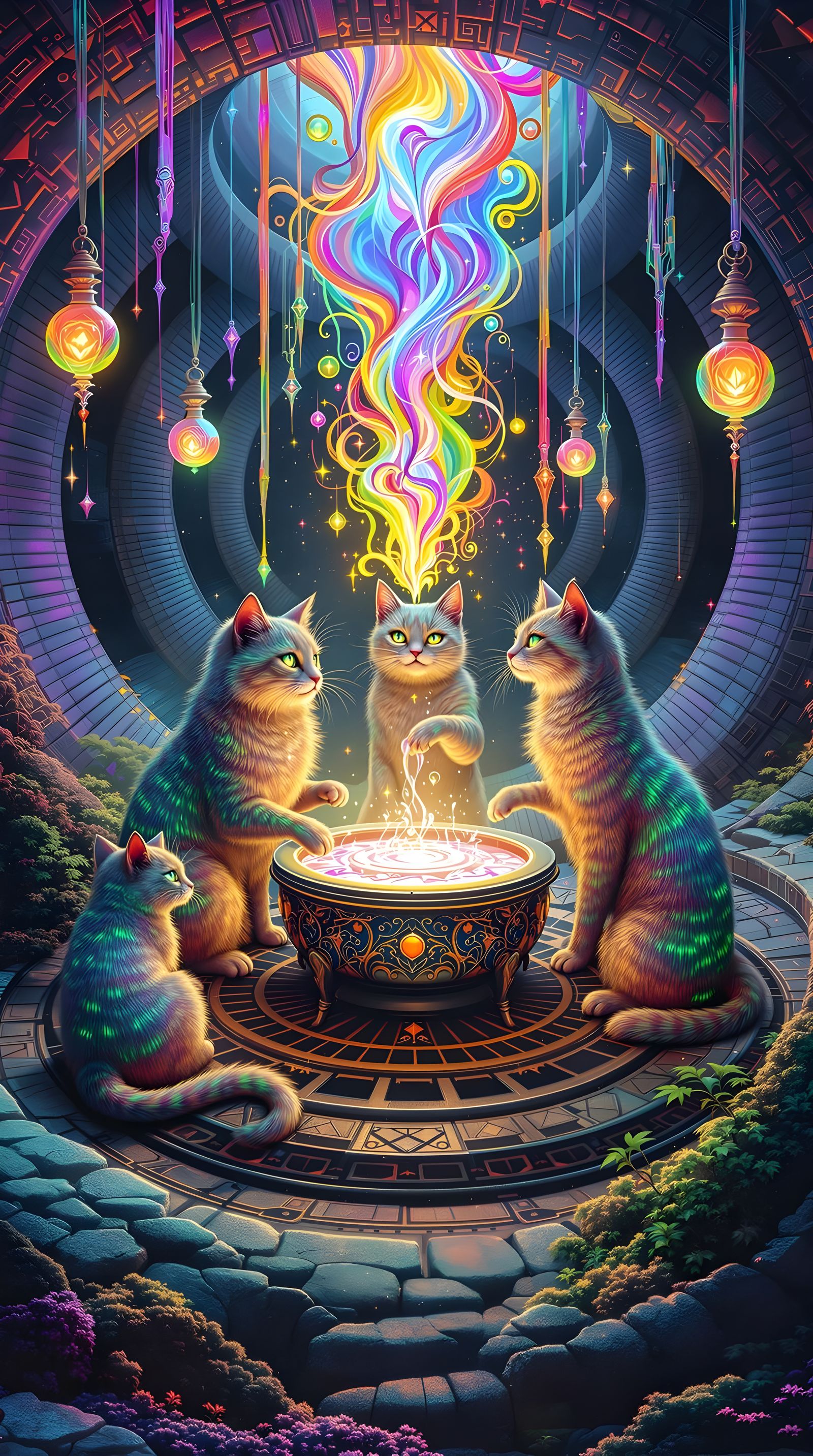 Psychedelic Cats Brewing DMT in Fractal Landscape