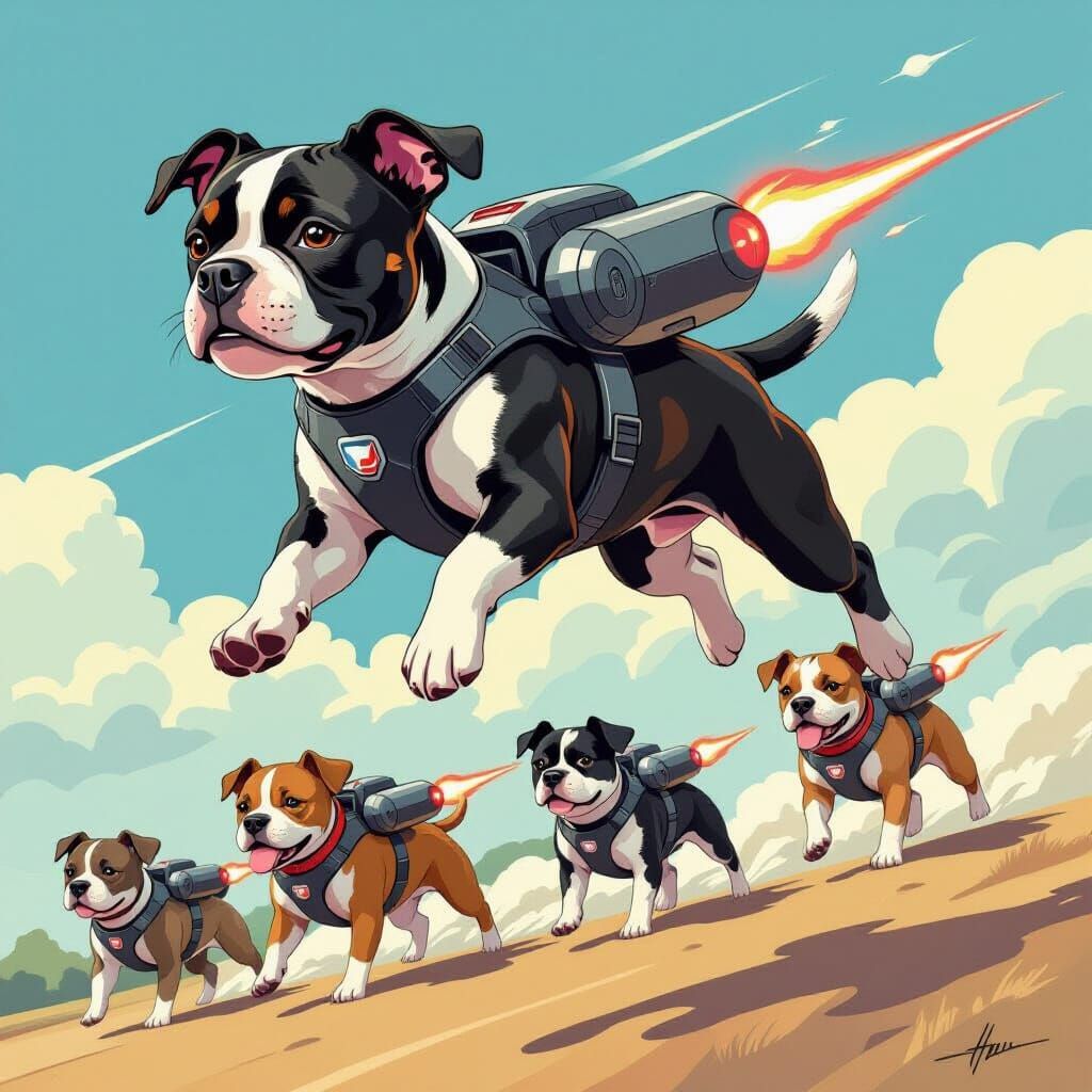 Stafford Terrier Leads Jetpack Dog Pack
