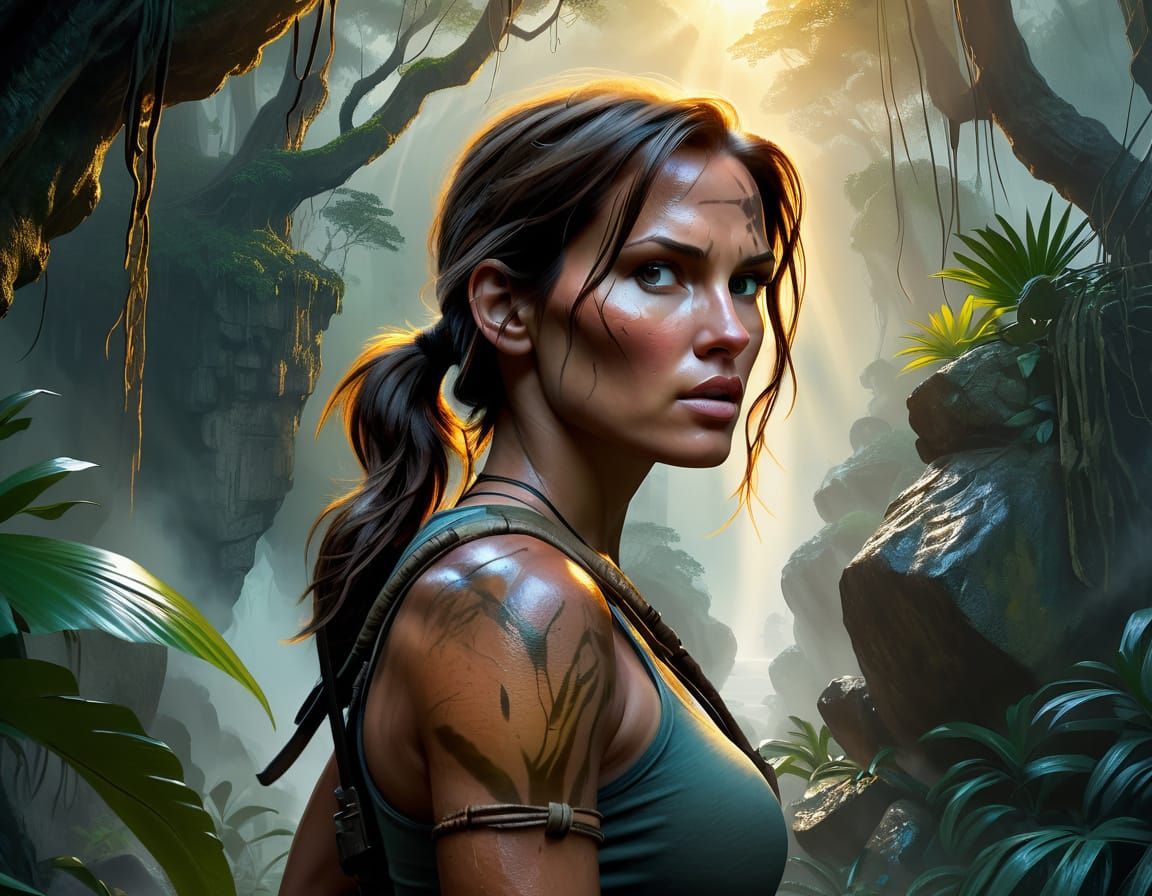Lara Croft Explores Jungle Temple in Oil Painting