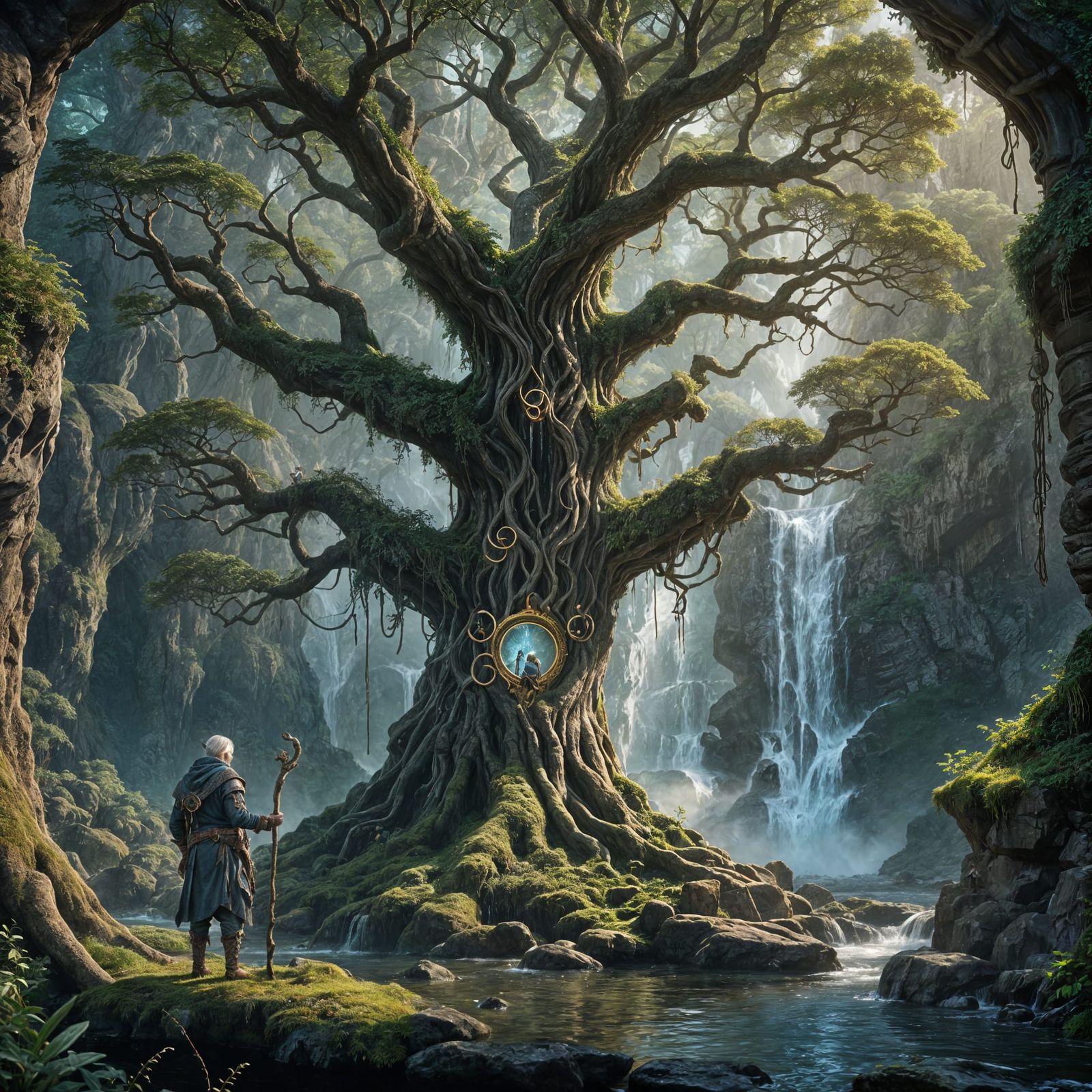 Elderly Elf Guarding Magical Tree Behind Waterfall