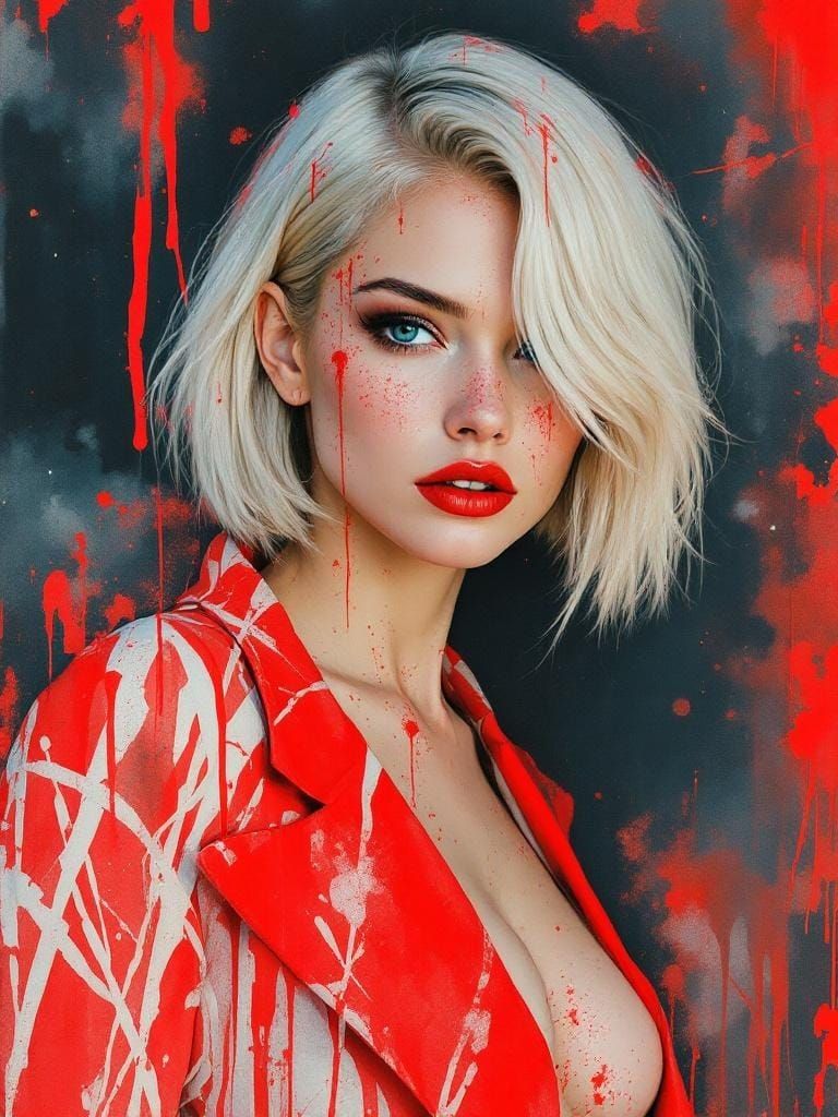 Platinum Blonde Woman in Whiskey-Splatter Watercolor Style