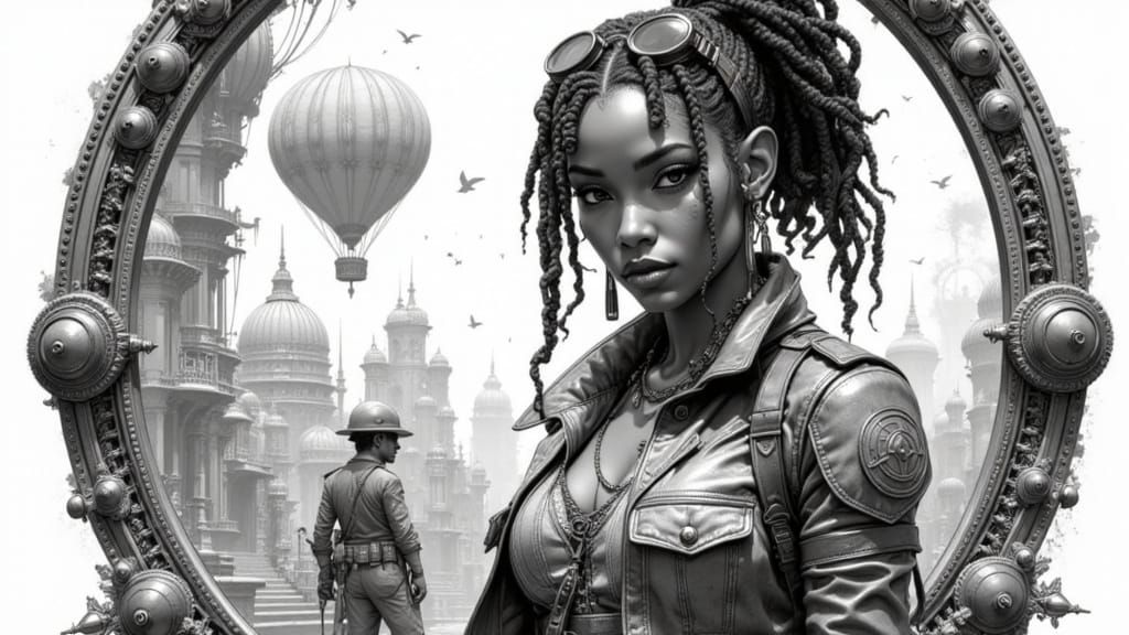 Monochrome Steampunk Portrait: Woman with Dreadlocks
