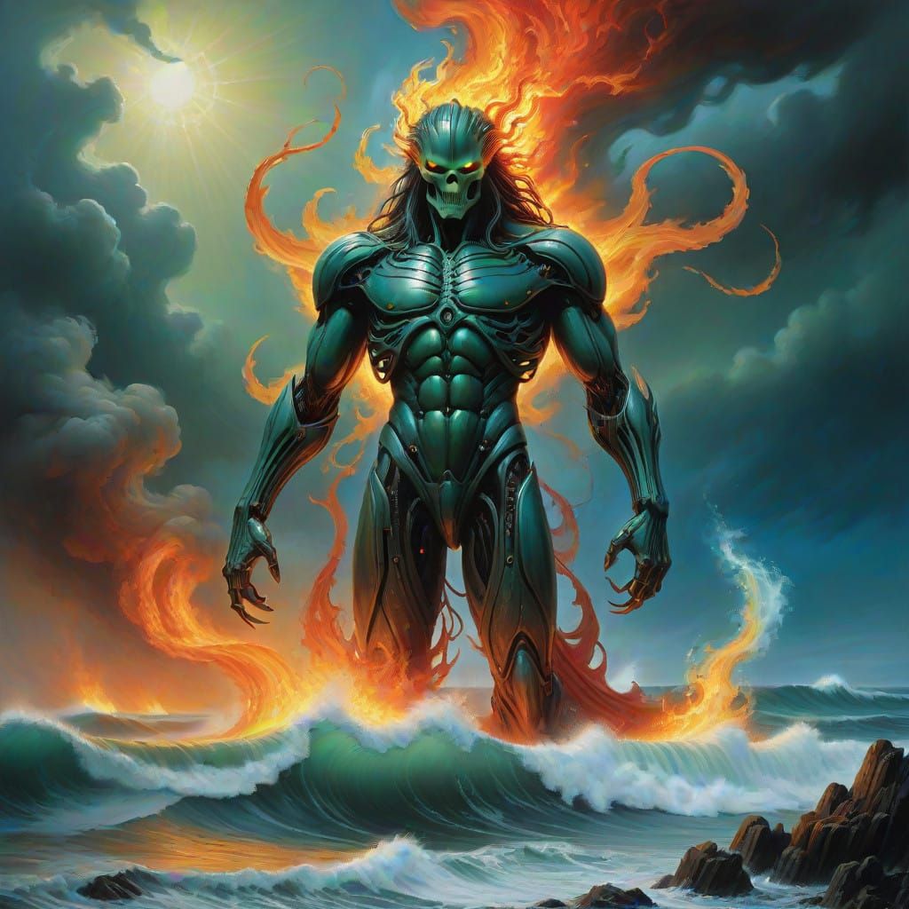 Majestic Sea and Fire Confrontation in a Dreamlike Battlefie...