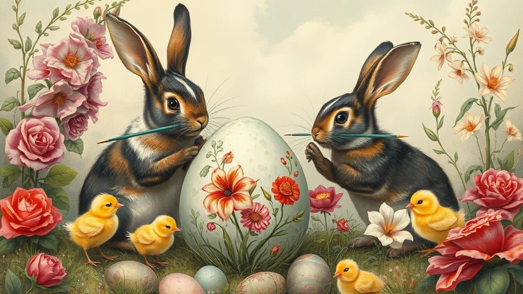 Easter Eggs Painted by Rabbits in Fairytale Garden