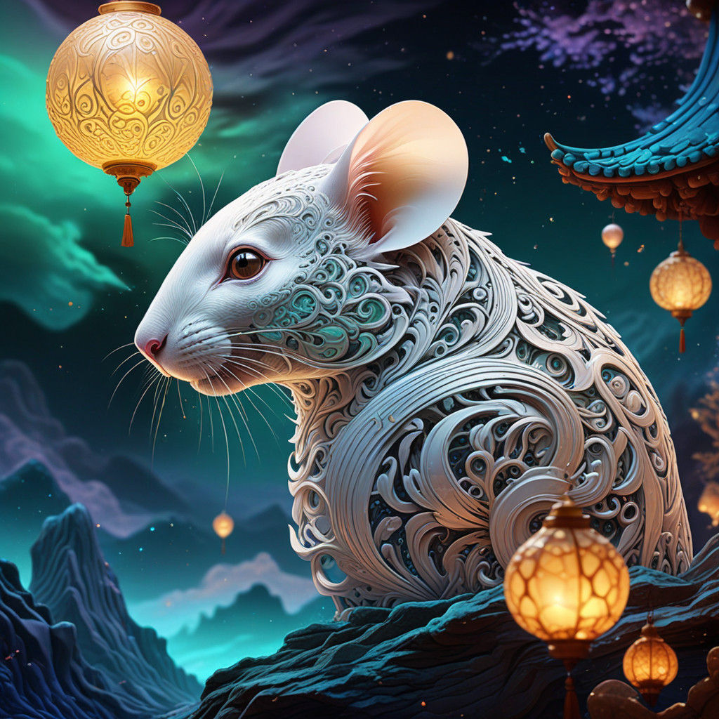 Heroic White Mouse in Golden Armor on Misty Mountain Peak