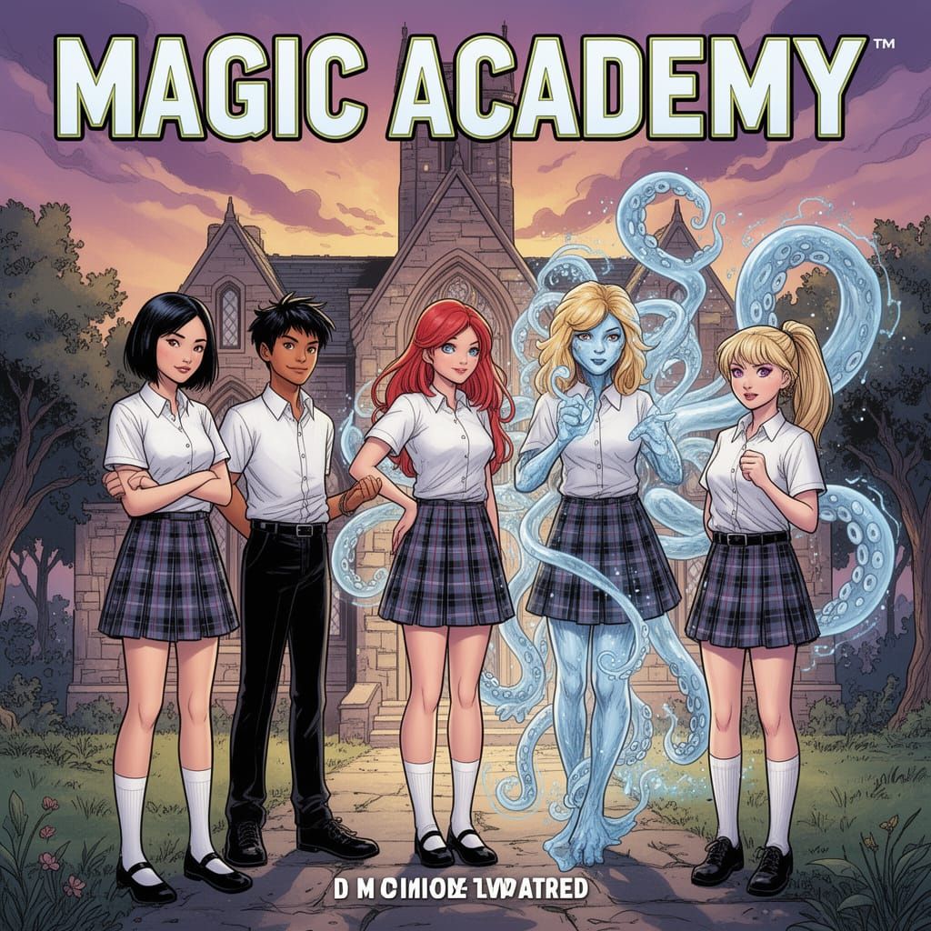Magic Academy Comic Cover Art with Five Students