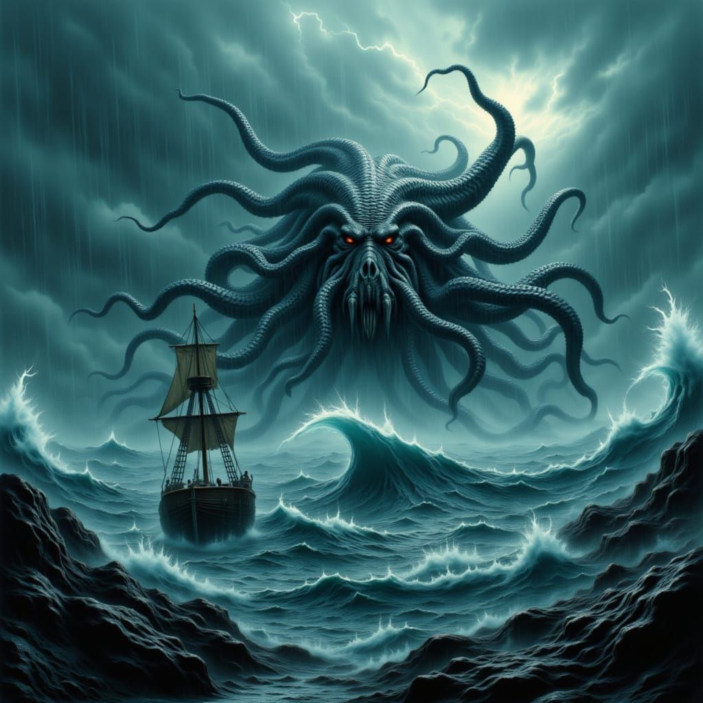 Cthulhu Emerges from Stormy Seas Near Pirate Ship