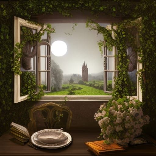 Gothic Skull with Rococo Flowers by Moonlight