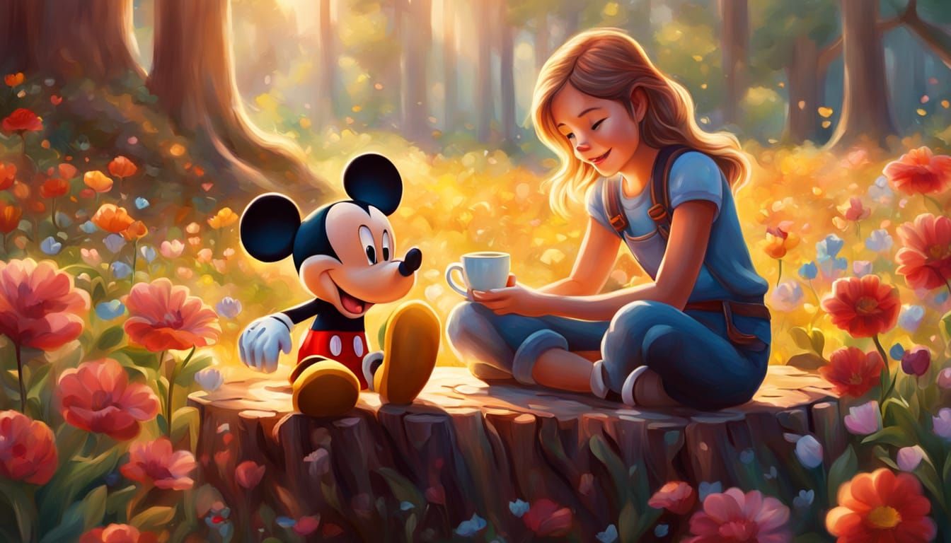 Claire with Mickey Mouse in Sunny Forest