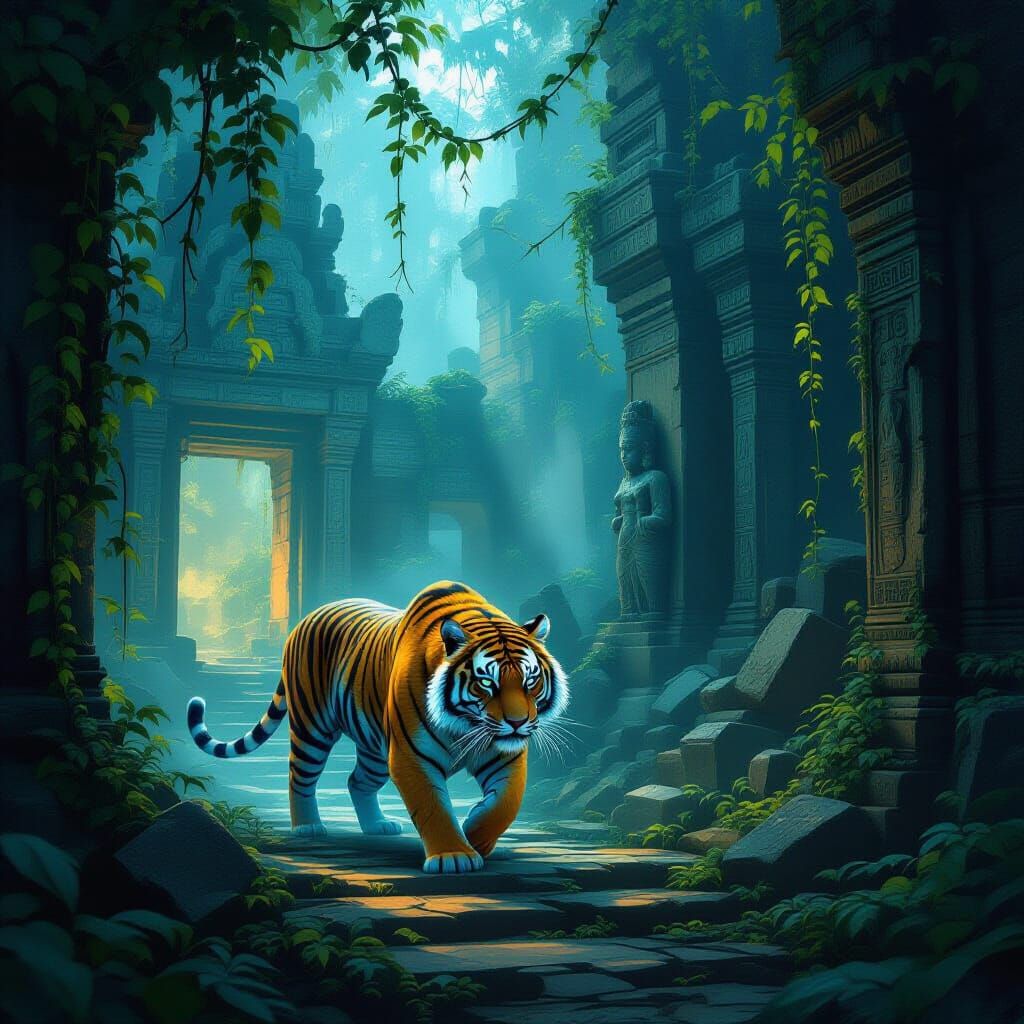 Bioluminescent Tiger in Ancient Temple