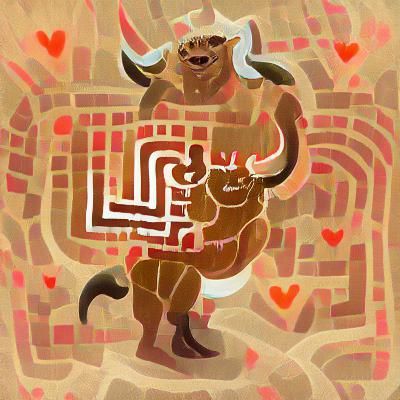 Cheerful Minotaur Wandering a Colorful Labyrinth