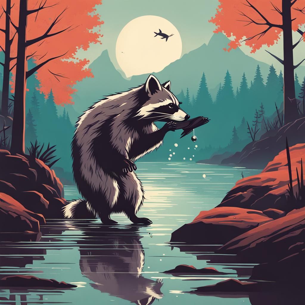 Raccoon Wielding Fish in Silhouette Style