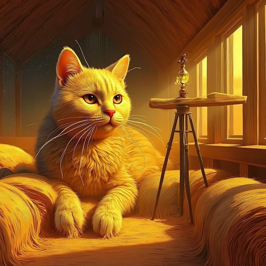 Cat Gazing at Cubist Starry Sky in Hayloft