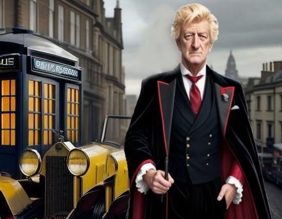 Jon Pertwee wearing a flowing crimson-lined cape, over a black-velvet 1850's lounge jacket