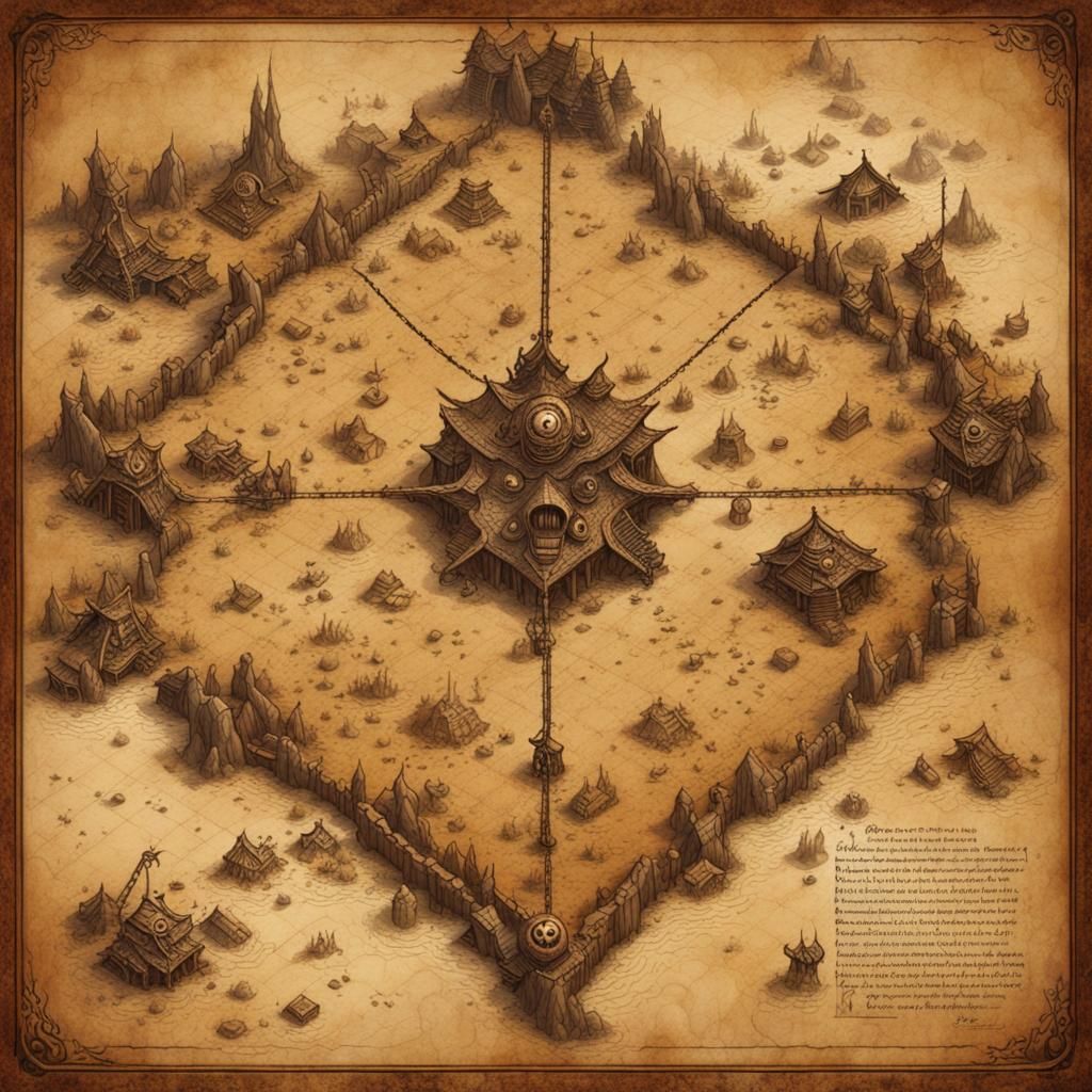 Sinister Treasure Map with Monsters, Intricate Detail