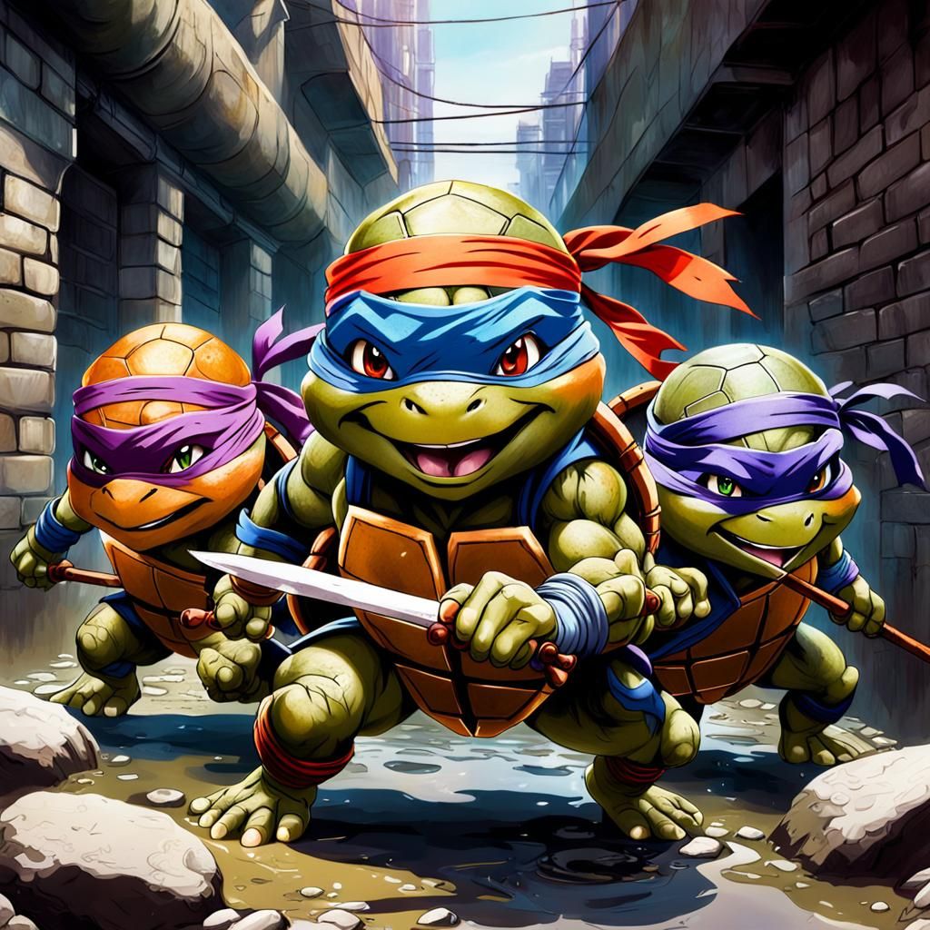 Anime Style Baby Ninja Turtles Chase in Sewers