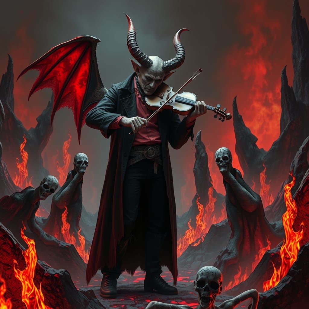 Devil Playing Violin in Gothic Hellscape