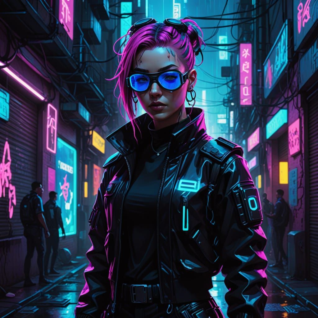 Cybergoth Woman in Neon Alley Sci-Fi Illustration