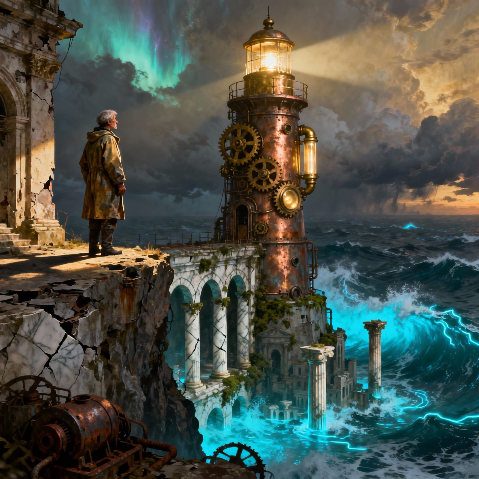 A solitary lighthouse keeper stands on a crumbling cliffside...