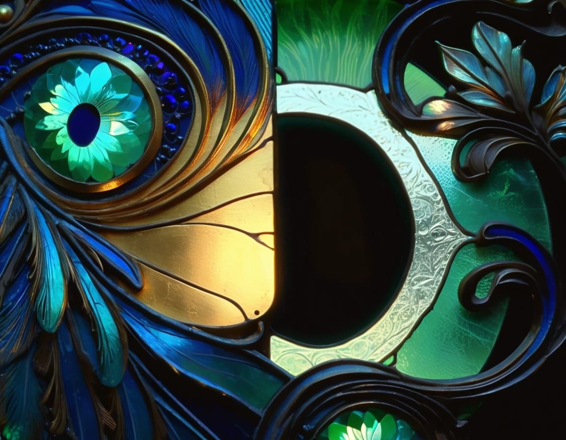 Art Nouveau Peacock Tail Feathers with Gold Filigree