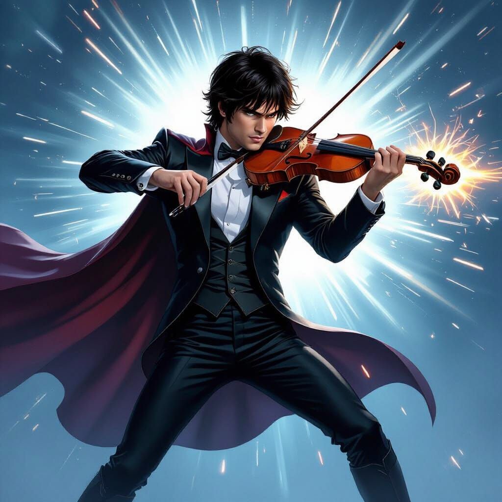Musical Superhero with Violin in Futuristic Style