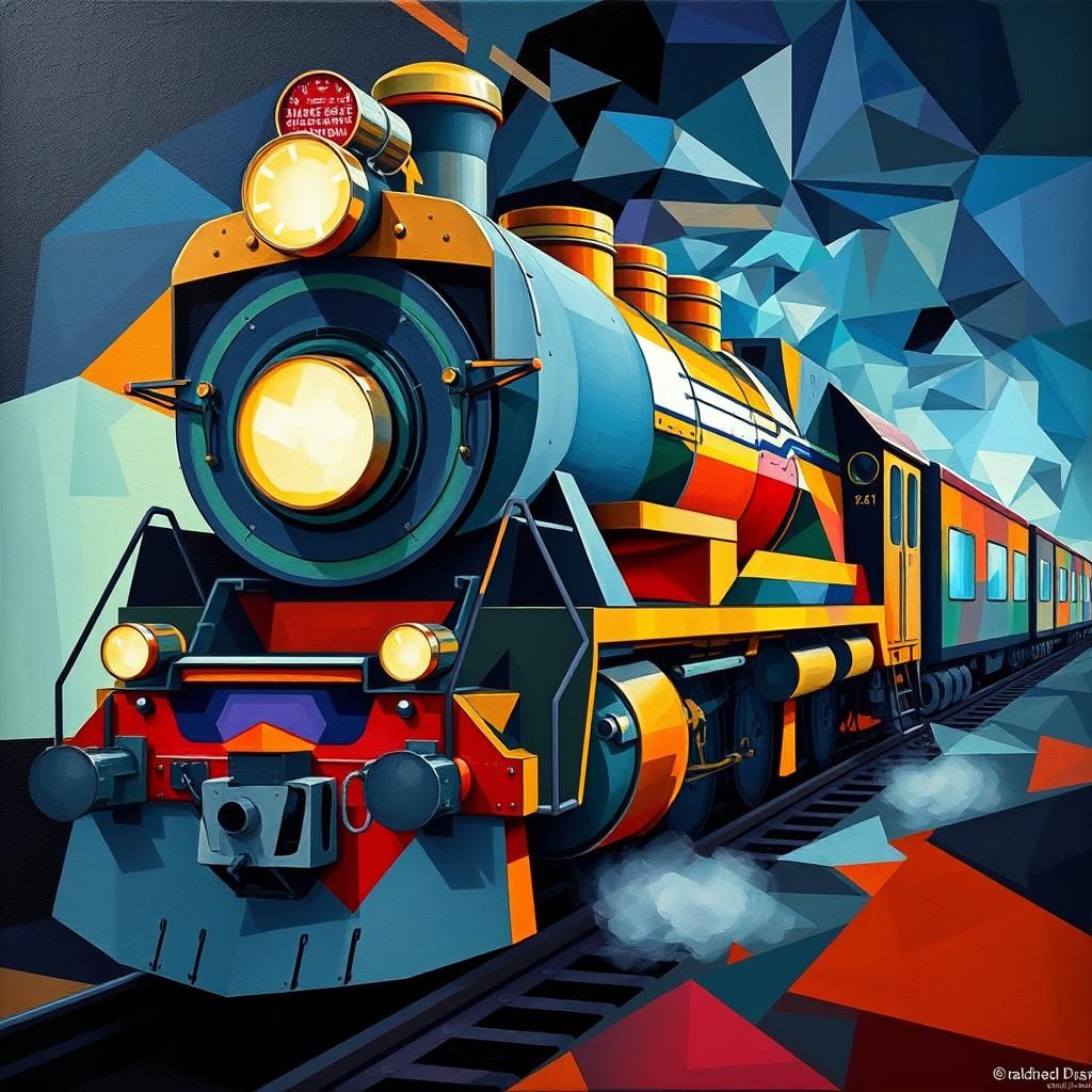 Abstract Locomotive in Cubist Geometric Fauvism Style